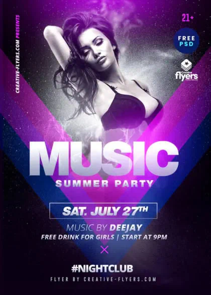 Vibrant purple and neon Electro Summer Party flyer template featuring bold typography and music event details.