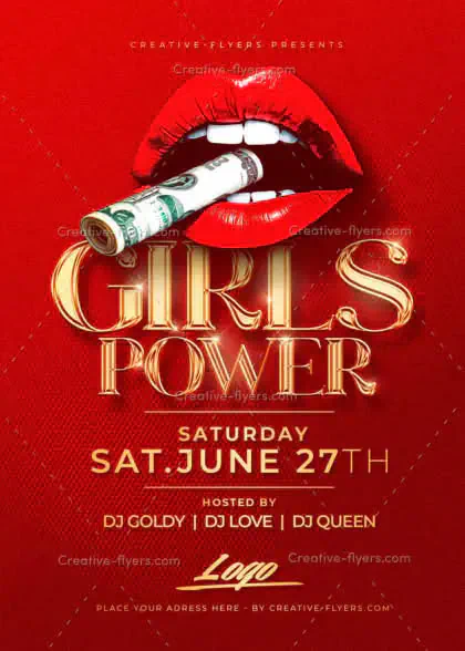 Red and gold Girls Power flyer template with lips biting a dollar bill for nightclub promotion.
