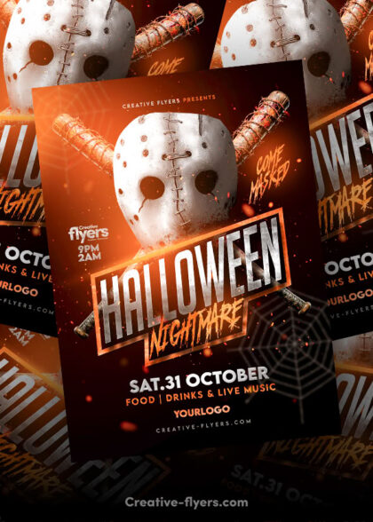 Halloween Nightmare PSD flyer template design featuring a white horror mask with crossed barbed wire bats on a dark fiery background.