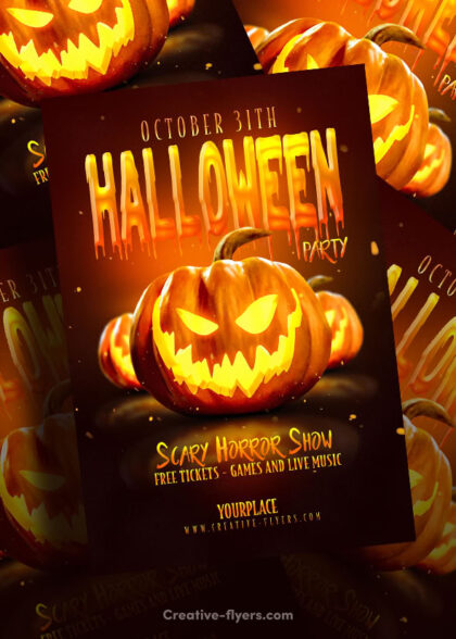 Glowing carved jack-o'-lantern pumpkins on a dark background for a Halloween party PSD flyer template.