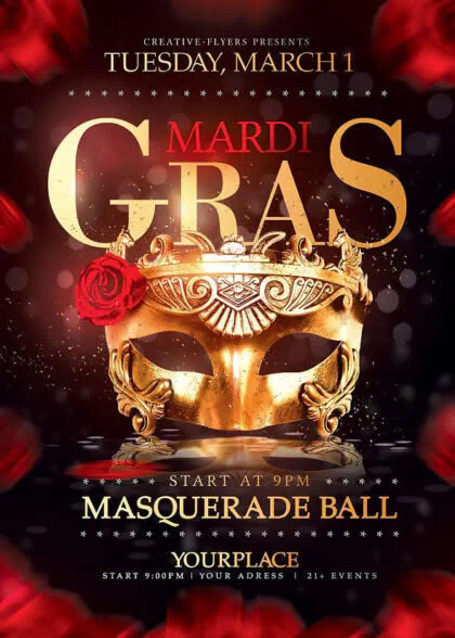 editable PSD file to promote Mardi Gras party