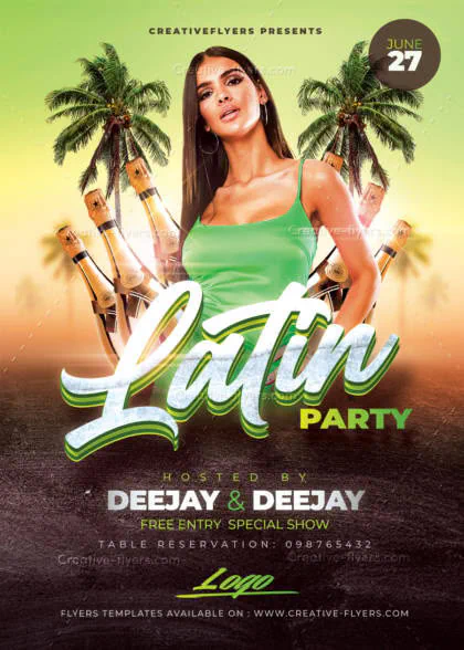 Professional Latin Party PSD Flyer Template with palm trees and champagne bottles