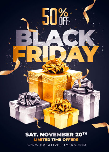 Black Friday flyer with gold gifts