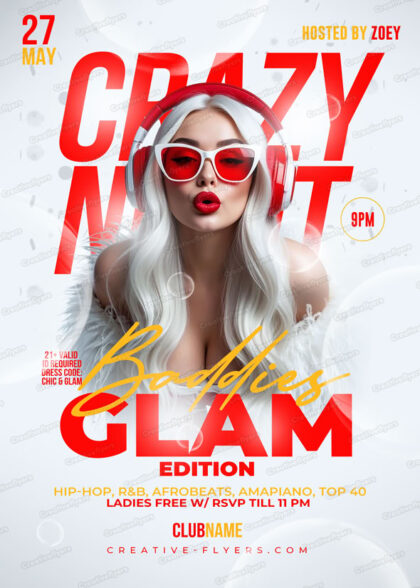 Baddies Glam party flyer PSD template with bold red typography, blonde model in red sunglasses, and gold script details.