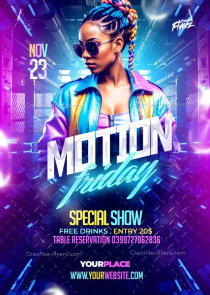 Neon Motion Friday club party flyer PSD template with cyberpunk style