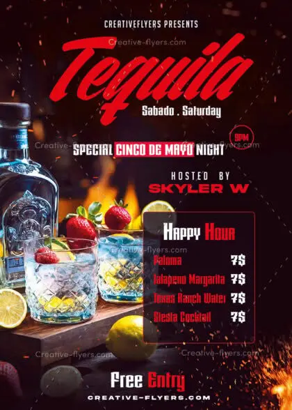 Premium PSD flyer template for a luxury Tequila party with adjustable text.