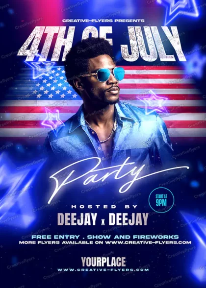 4th of July flyer template with artist and blue and red American flag