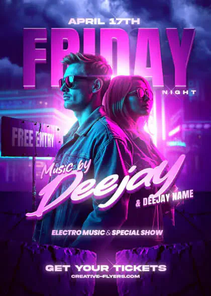 High-quality purple neon Friday Night electro music flyer PSD template for club events.