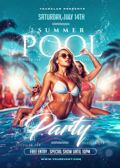 Vibrant summer pool party flyer template featuring women in bikinis, palm trees, and water splashes.