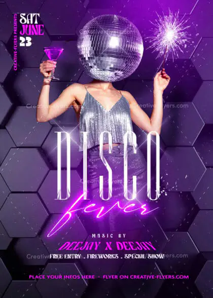 A creative disco party flyer featuring a woman with a disco ball head holding a purple martini and a sparkler against a purple hexagonal backdrop.