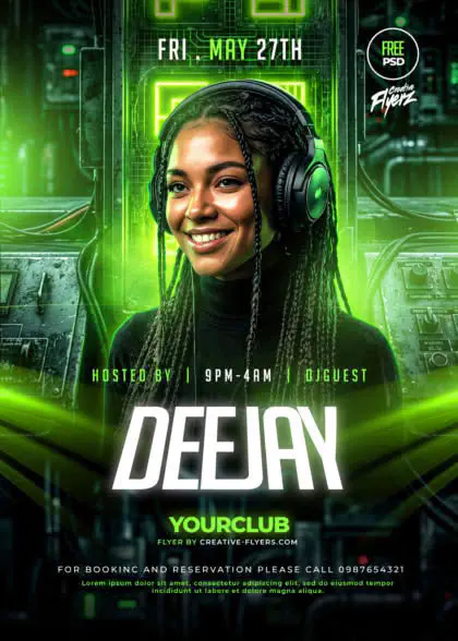Neon green futuristic DJ party flyer template free PSD download.