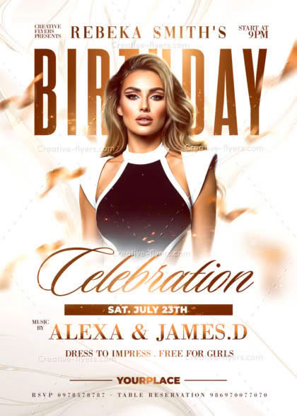 Professional gold and white birthday celebration flyer template for Photoshop.