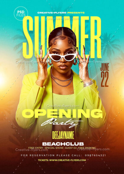 Professional Summer Opening Party Flyer Template with Neon Yellow Outfit and Tropical Palm Background.