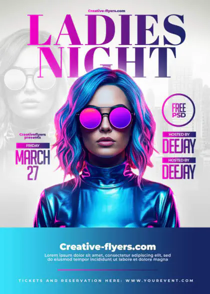 A free Ladies Night PSD flyer with a woman in pink sunglasses and metallic blue outfit.