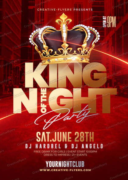 3D golden crown on a glowing red city background for VIP Nightclub Flyer Template.