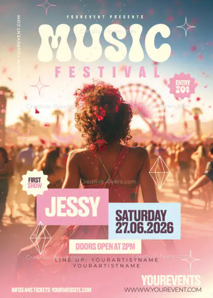 Vibrant Coachella style music festival poster with ferris wheel and retro typography.