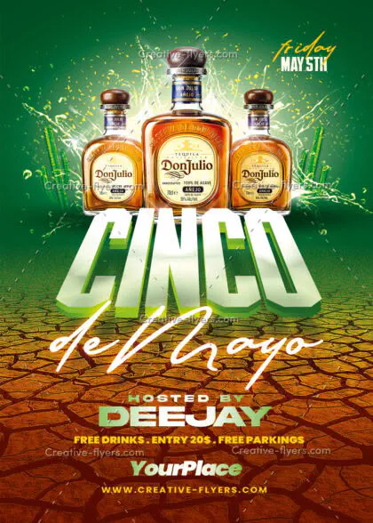 Premium Cinco De Mayo Flyer Template featuring Don Julio tequila bottles and 3D text.