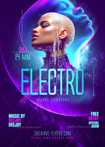 Futuristic Electro Party Flyer Template featuring a neon purple and cyan cyberpunk design.