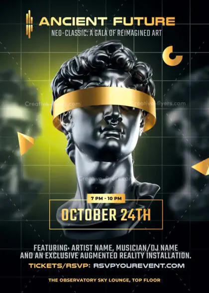 Digital flyer template featuring a black marble statue with a gold visor on a dark grid background.
