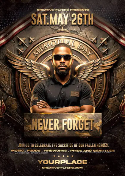 Professional Memorial Day flyer template with soldier, golden wings, and fighter jets.