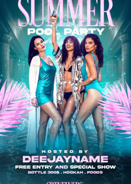 High-resolution Summer Pool Party Flyer PSD template featuring modern design and pink palms.