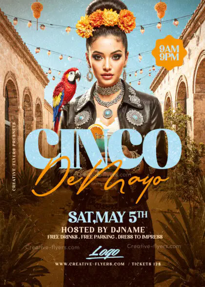 Cinematic flyer for Cinco De Mayo featuring a woman in a leather jacket, a parrot, and stone arches in a sunlit plaza.