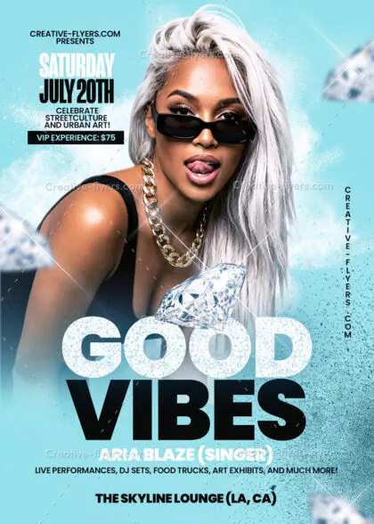 Professional urban street style flyer PSD template for event promotion with diamond accents and blue background.