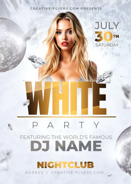 Glamorous Sexy White Party flyer template featuring 3D gold text, floating diamonds, disco balls, and customizable DJ guest details.