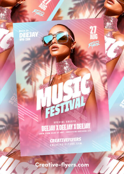 Summer Music Festival PSD Flyer Template featuring a stylish model in sunglasses against tropical palm trees