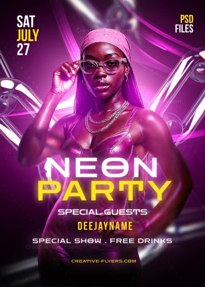 Photoshop PSD template for a neon party flyer featuring vibrant magenta glow and modern DJ event typography.