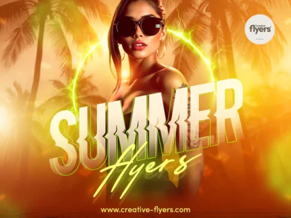 Summer flyer template with palm trees and neon graphics for beach parties and summer events