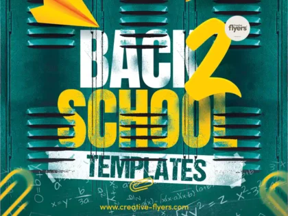 Back to school flyer template with green school lockers, yellow paper plane, and math formulas background for campus events