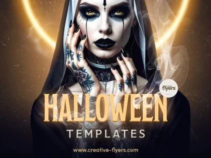 Halloween flyer template featuring a dark gothic nun with glowing golden halo graphics for spooky events and parties