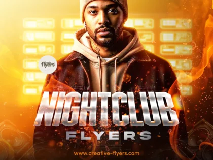 Nightclub flyer template featuring DJ artist with fiery background lights and chrome typography for club parties