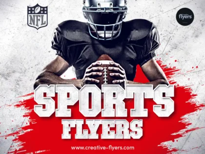 Sports flyer template with American football player holding a ball and NFL logo graphics for game day events