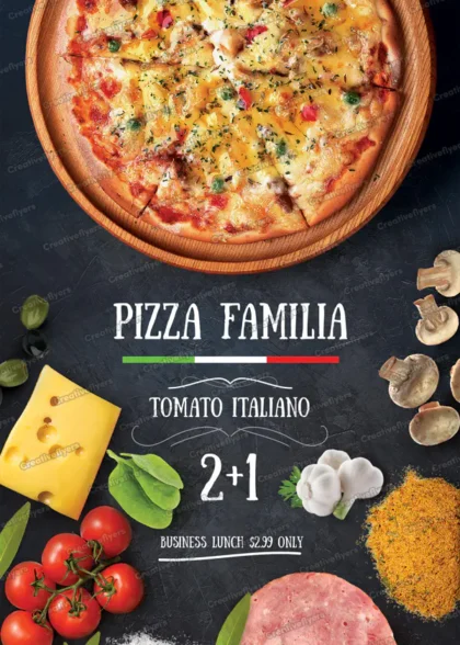 Dark rustic pizza restaurant promotional flyer template showing a hot pizza, fresh cheese, tomatoes, and mushrooms.