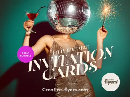 Woman with disco ball head holding a martini and sparkler representing stylish invitation card templates on a teal background