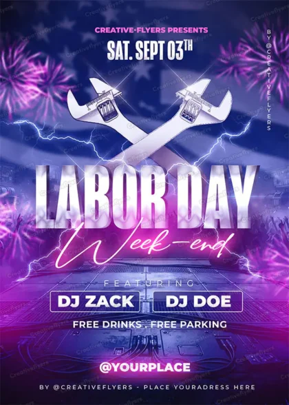 Vibrant purple Labor Day weekend PSD flyer template featuring crossed wrenches, fireworks, and DJ lineup layout