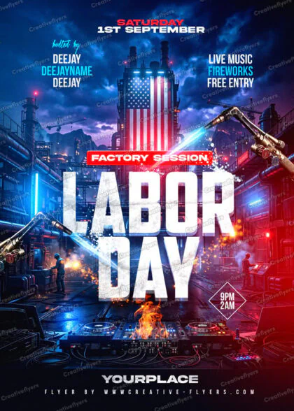 Labor Day Party Flyer PSD featuring industrial factory background with DJ setup and sparks