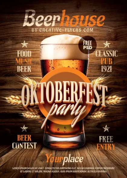 A rustic wooden background featuring a frosty glass of beer for an Oktoberfest free psd flyer.