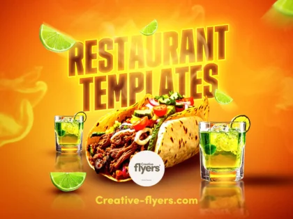 restaurant flyer template featuring delicious tacos and refreshing lime drinks on a warm orange background