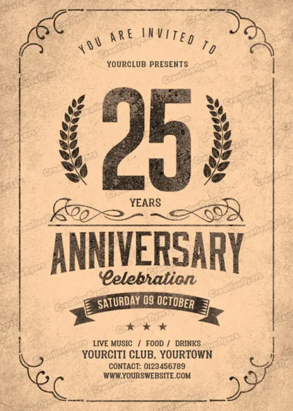 Vintage style 25th anniversary celebration flyer template on aged paper background with retro flourishes.