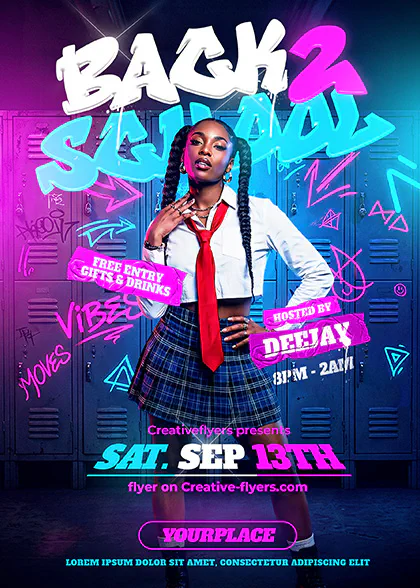 Back 2 School party PSD flyer template with neon typography, urban locker background, and customizable event details.