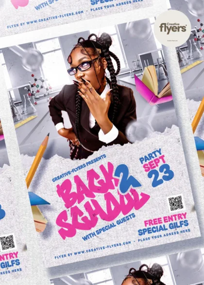 Back to school party flyer PSD template featuring a stylish student in a laboratory setup with bold pink typography