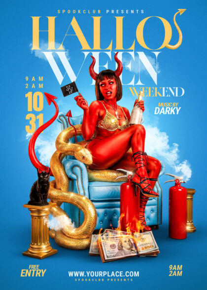 Red devil woman on blue chair Halloween PSD flyer template layout with gold lettering and black cat