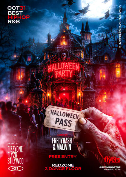 Halloween party PSD flyer template featuring a haunted mansion and zombie hand