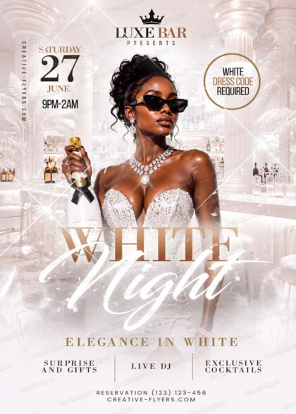 White Night Flyer PSD Template featuring a glamorous model in a white dress holding champagne at a luxury bar setting.