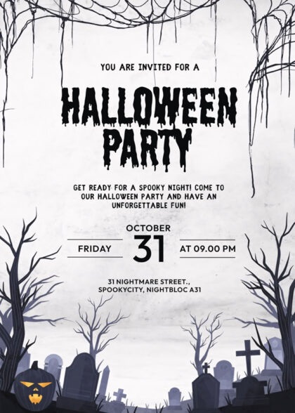 Spooky free Halloween flyer design showcasing a graveyard scene with tombstones, twisted trees, and customizable party details