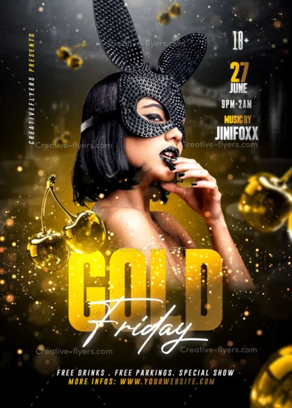 Gold Friday party flyer template featuring a woman wearing a black studded bunny mask with golden cherries and sparkling light effects.