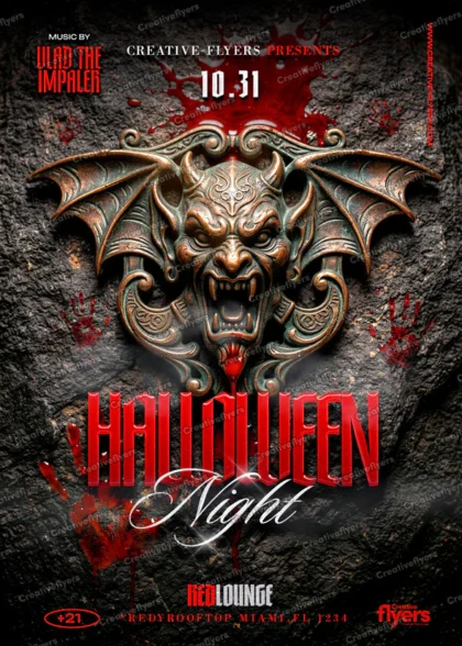 Dark Halloween Night PSD flyer template featuring a metallic gargoyle emblem and bloody textures